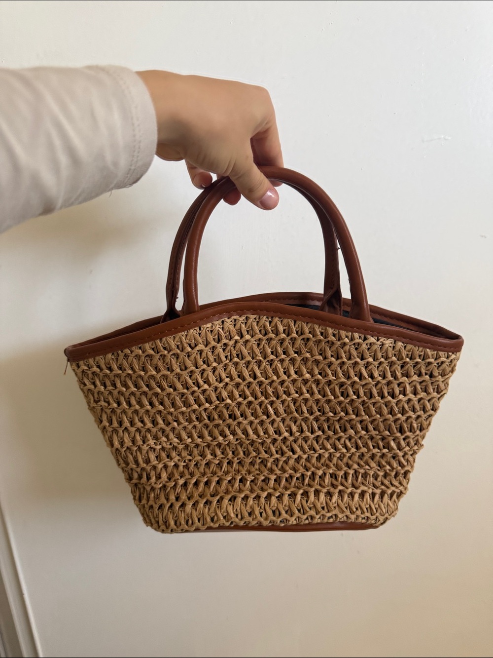 Woven Straw Tote Bag with Brown Trim